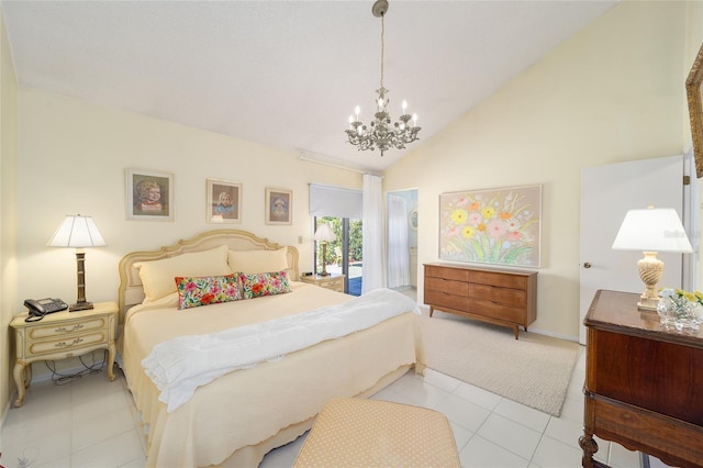 bedroom featuring light tile patterned floors, access to outside, high vaulted ceiling, and a notable chandelier