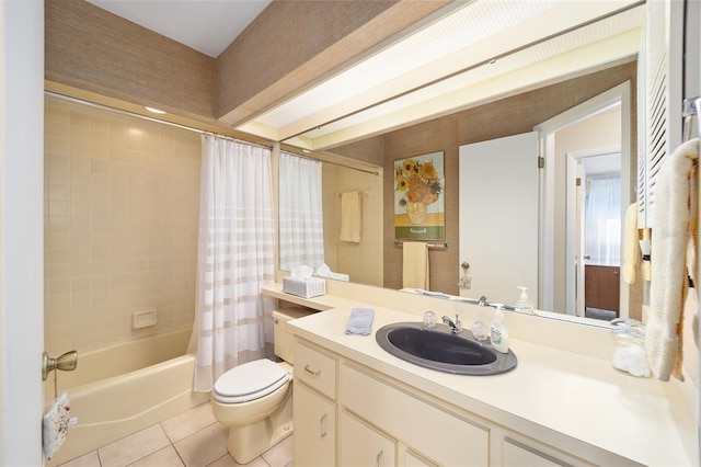 bathroom featuring toilet, vanity, shower / bath combination with curtain, and tile patterned floors