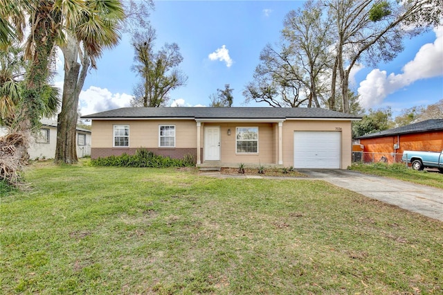 single story home featuring a garage, a front yard, concrete driveway, and brick siding