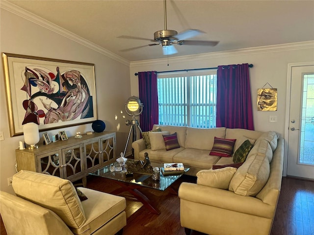 living area featuring ceiling fan, ornamental molding, wood finished floors, and lofted ceiling