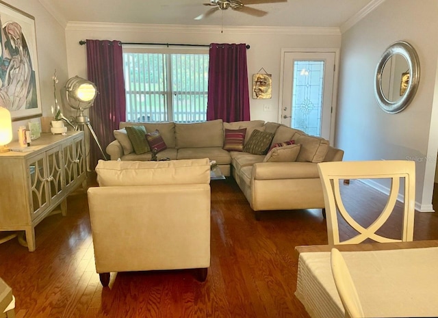 living area with a ceiling fan, dark wood-style flooring, and crown molding