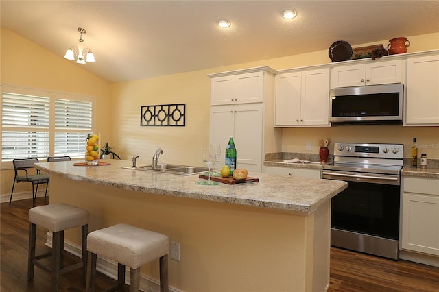 kitchen with vaulted ceiling, appliances with stainless steel finishes, dark wood-type flooring, and a sink