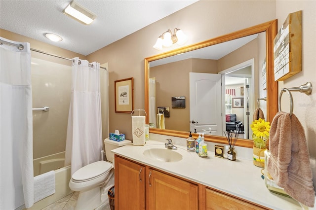 bathroom featuring a textured ceiling, tile patterned flooring, toilet, vanity, and shower / bath combo with shower curtain