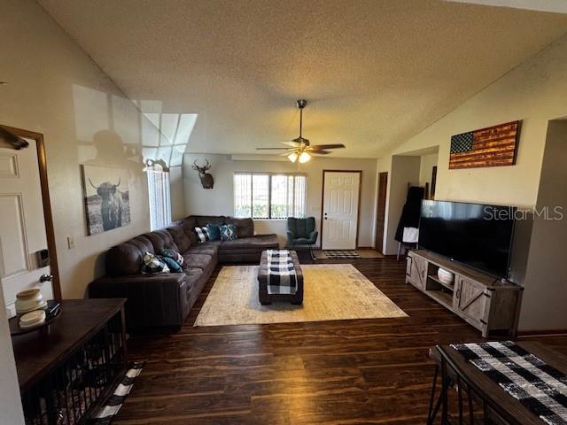 living room featuring lofted ceiling, dark wood-style flooring, and a textured ceiling