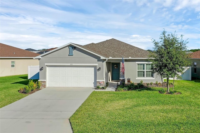 ranch-style home with roof with shingles, stucco siding, an attached garage, driveway, and a front lawn