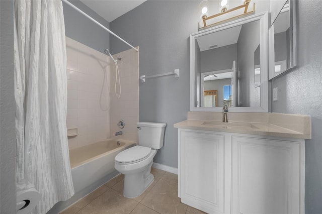 full bath featuring toilet, shower / tub combo with curtain, tile patterned flooring, baseboards, and vanity