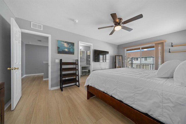 bedroom with baseboards, visible vents, light wood-style flooring, ceiling fan, and access to exterior