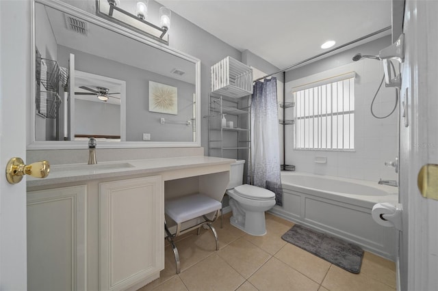 full bath with visible vents, toilet, shower / bath combo, tile patterned flooring, and vanity