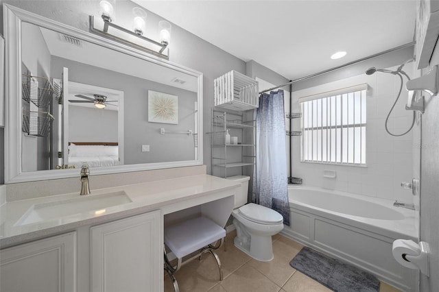 ensuite bathroom with visible vents, toilet, tile patterned floors, vanity, and shower / bathtub combination with curtain