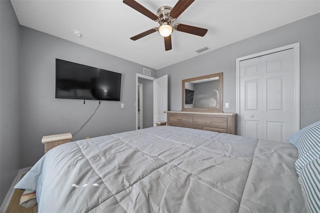 bedroom featuring visible vents and a ceiling fan