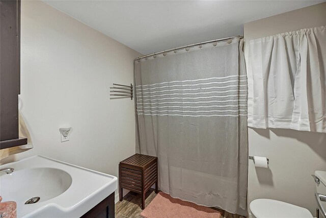 bathroom with curtained shower, vanity, and toilet