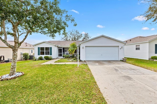 single story home with an attached garage, driveway, and a front yard