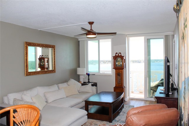 living room with a textured ceiling, a ceiling fan, and wood finished floors