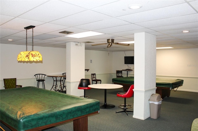 recreation room featuring visible vents, a ceiling fan, carpet flooring, a drop ceiling, and billiards