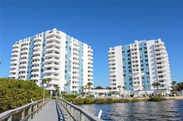 view of building exterior featuring a water view