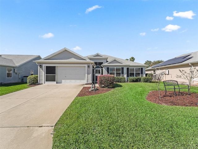 ranch-style home with a garage, driveway, and a front lawn