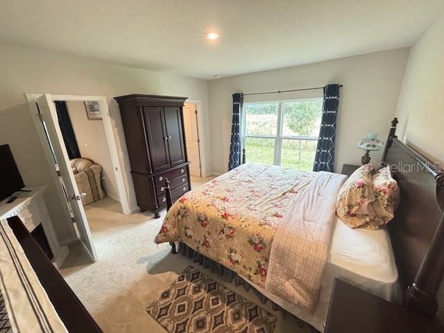 bedroom featuring light colored carpet