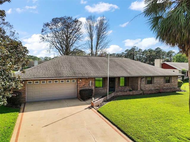 ranch-style house with an attached garage, brick siding, driveway, roof with shingles, and a front lawn