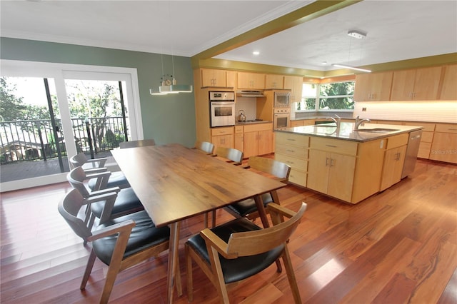 kitchen with light wood finished floors, light brown cabinetry, appliances with stainless steel finishes, ornamental molding, and a sink