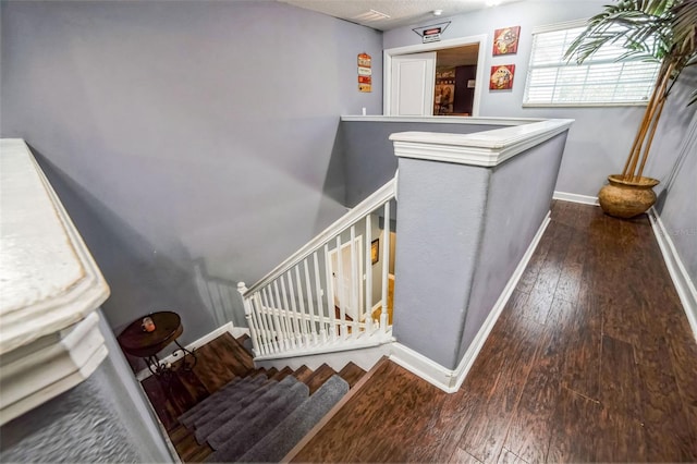 staircase with wood-type flooring and baseboards