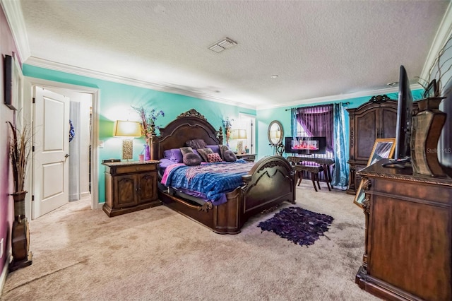 bedroom featuring light carpet, a textured ceiling, visible vents, and crown molding