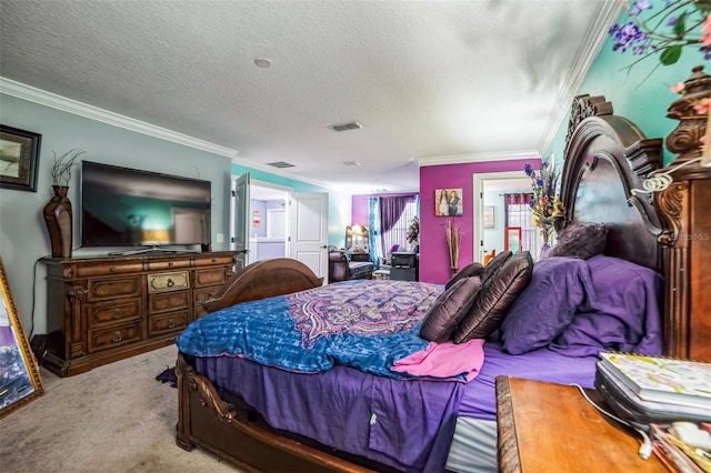 carpeted bedroom featuring a textured ceiling, visible vents, and crown molding