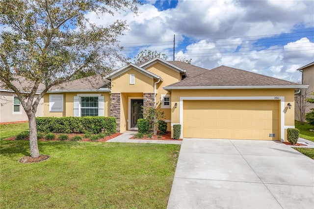 ranch-style house featuring a garage, driveway, a front lawn, and stucco siding