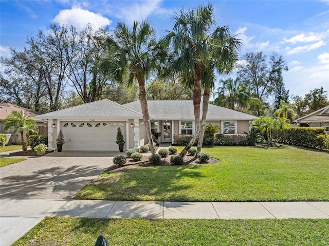 ranch-style home with a garage, a front lawn, decorative driveway, and stucco siding