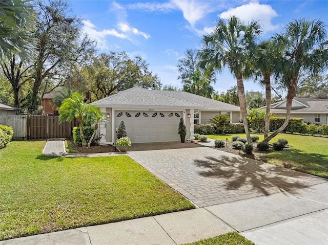 view of front of property featuring a front yard, decorative driveway, fence, and an attached garage