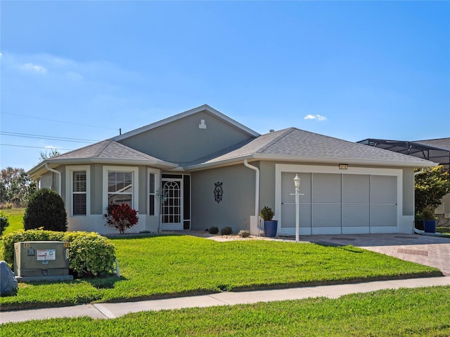 single story home featuring an attached garage, roof with shingles, decorative driveway, stucco siding, and a front lawn