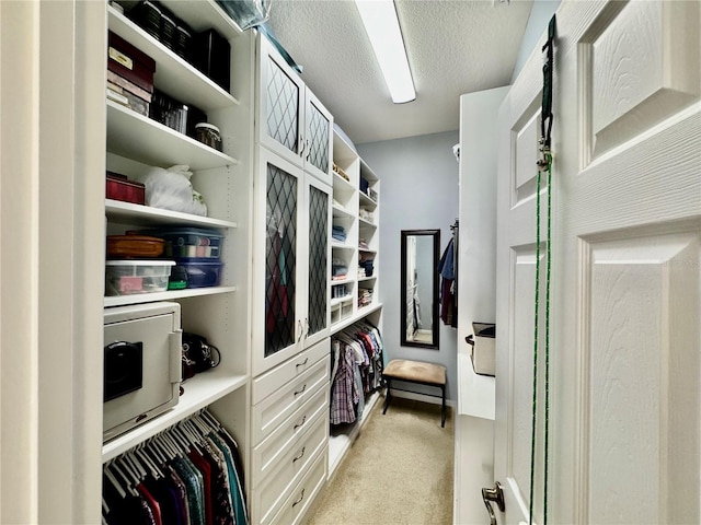 walk in closet with light colored carpet