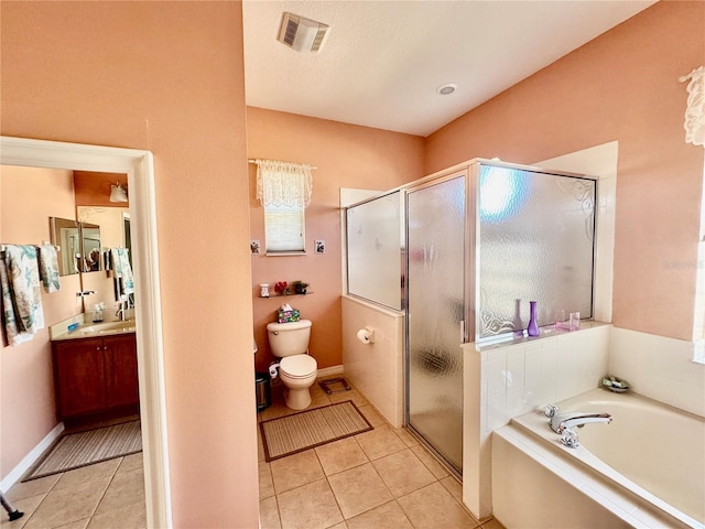 full bath featuring visible vents, toilet, a shower stall, and tile patterned flooring