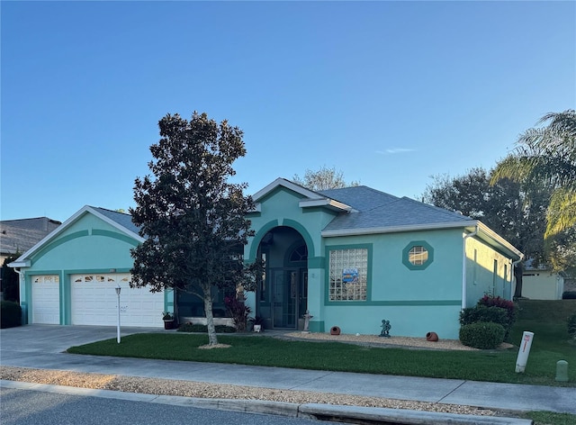 view of front facade with stucco siding, an attached garage, concrete driveway, and a front lawn