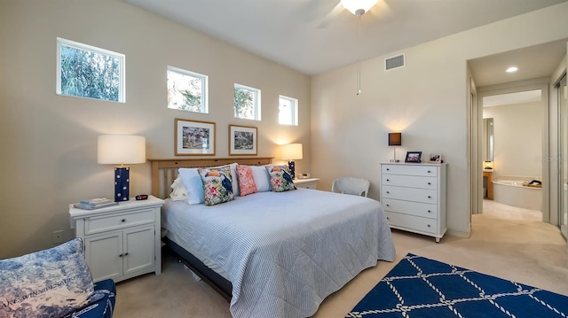 bedroom with recessed lighting, visible vents, and light colored carpet