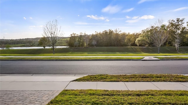 view of street featuring curbs, a water view, and sidewalks