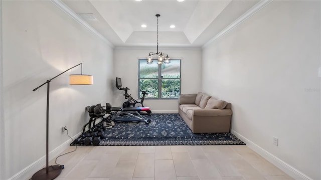 exercise area featuring visible vents, baseboards, a raised ceiling, crown molding, and recessed lighting