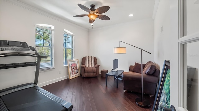 interior space featuring hardwood / wood-style flooring, ceiling fan, baseboards, and crown molding