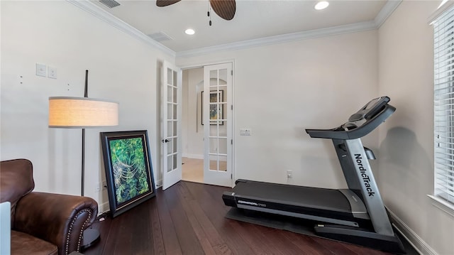 exercise room featuring french doors, crown molding, hardwood / wood-style floors, ceiling fan, and baseboards