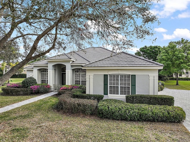 ranch-style house featuring a front lawn and stucco siding