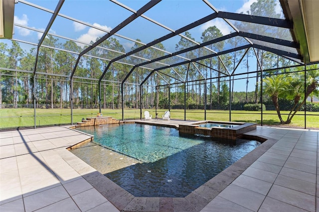 view of swimming pool with glass enclosure, a yard, a patio area, and a pool with connected hot tub