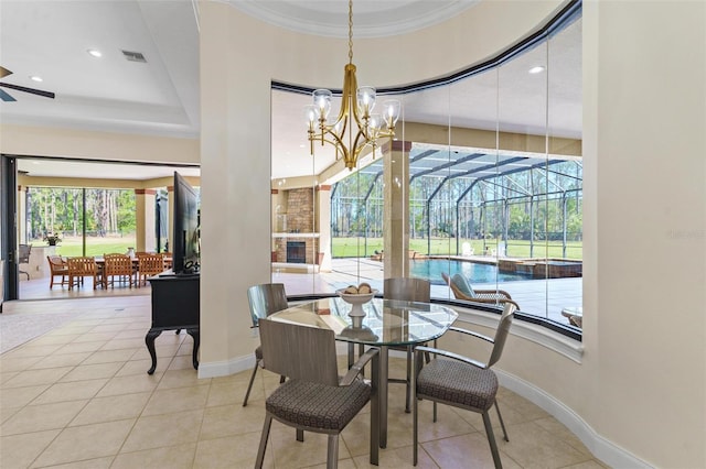 dining room featuring baseboards, visible vents, recessed lighting, ornamental molding, and tile patterned flooring