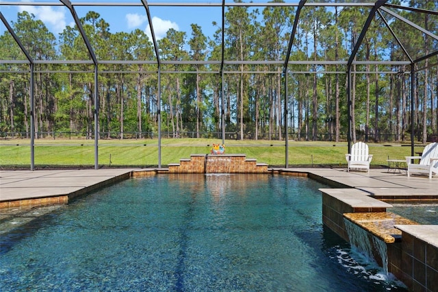 view of pool featuring a lanai, a lawn, a patio, and a water view