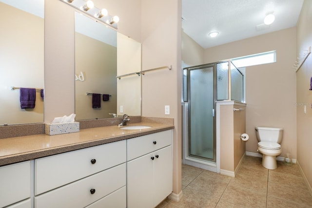 full bath featuring baseboards, toilet, tile patterned flooring, vanity, and a shower stall