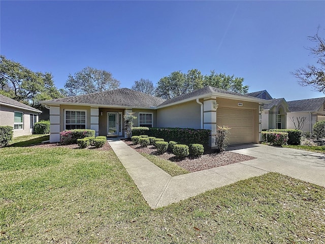 ranch-style home with driveway, a front lawn, an attached garage, and stucco siding