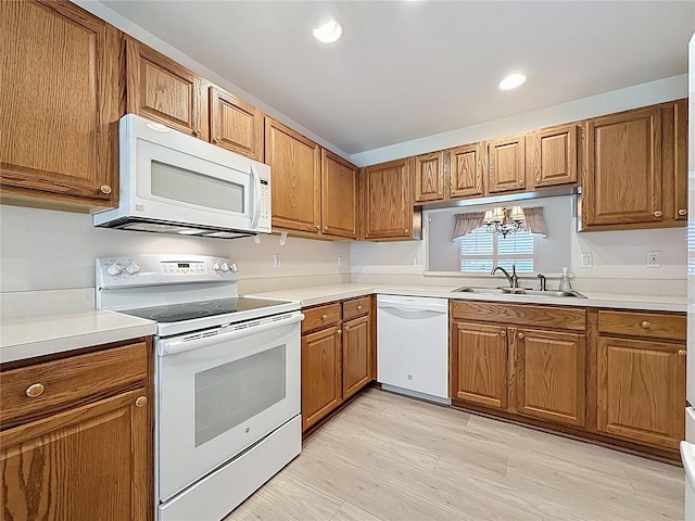 kitchen with light countertops, light wood-style flooring, brown cabinetry, a sink, and white appliances