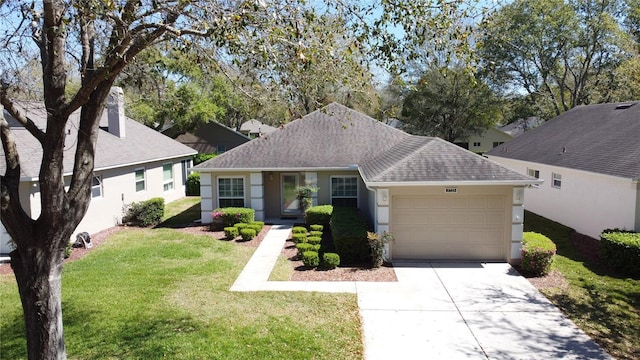 ranch-style home featuring stucco siding, a shingled roof, an attached garage, a front yard, and driveway