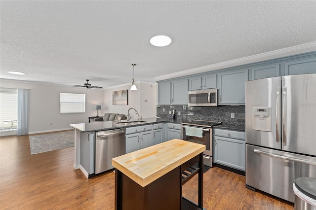 kitchen with stainless steel appliances, a peninsula, a sink, open floor plan, and backsplash