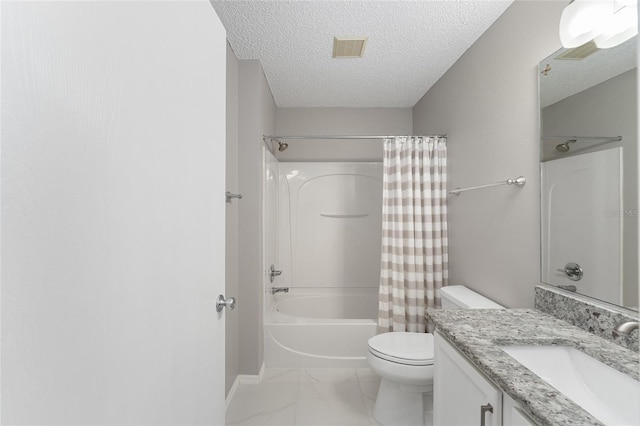 bathroom with visible vents, toilet, shower / tub combo with curtain, a textured ceiling, and vanity