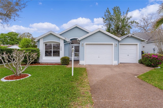 ranch-style home featuring a front yard, driveway, and an attached garage