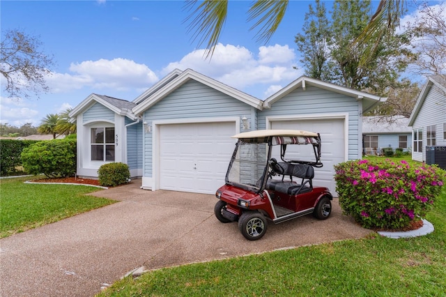 single story home featuring driveway, a garage, and a front lawn